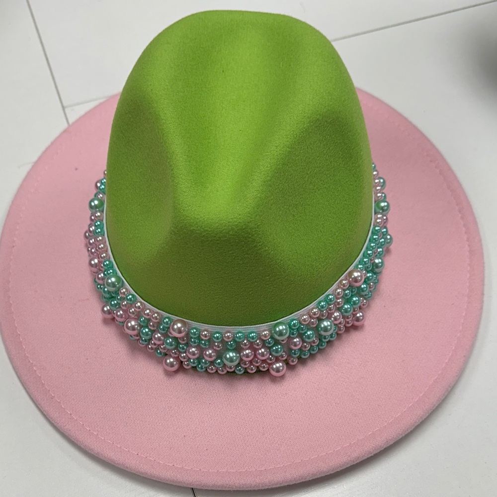 Vibrant Green and Pink Beaded Women's Hat